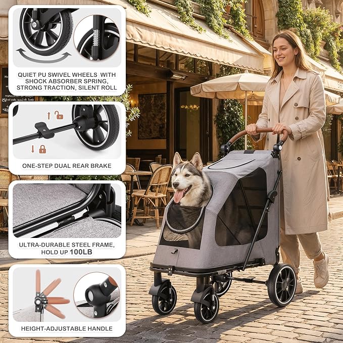 MoNiBloom Large Pet Stroller - Mobility Aid, up to 99lbs, Anti-Slip Ramp