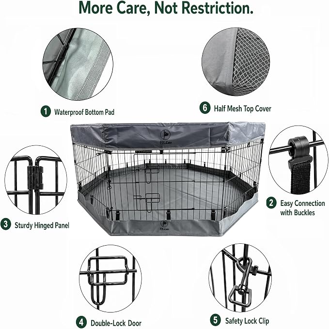 PJYuCien Dog Playpen with Top Cover and Bottom Pad - Metal Foldable Exercise Pen, 8 Panels 24" H x 24" W Indoor Outdoor Pet Fence Puppy Crate Kennel, Gray
