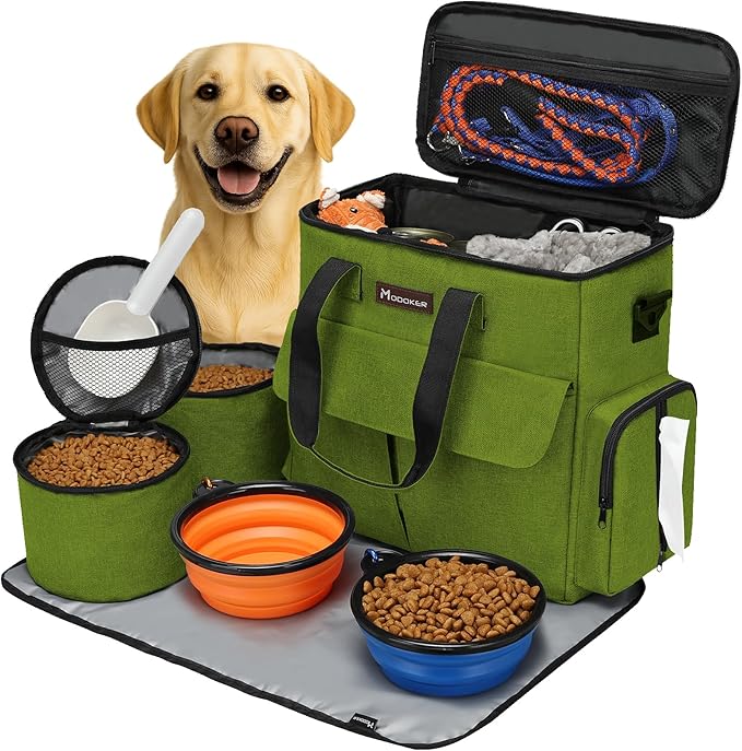Modoker Dog Travel Bag Weekend Set with Food Containers & Bowls, Green