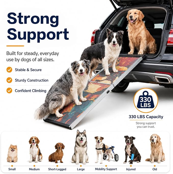 Aluminum Dog Ramp for Car, 64" x 17" Telescoping Pet Ramp for Large Dogs, Portable Dog Car Ramp with Non-Slip Sandpaper Surface, Outdoor Dog Ramp Up to 330 lbs, for Cars SUVs Trucks