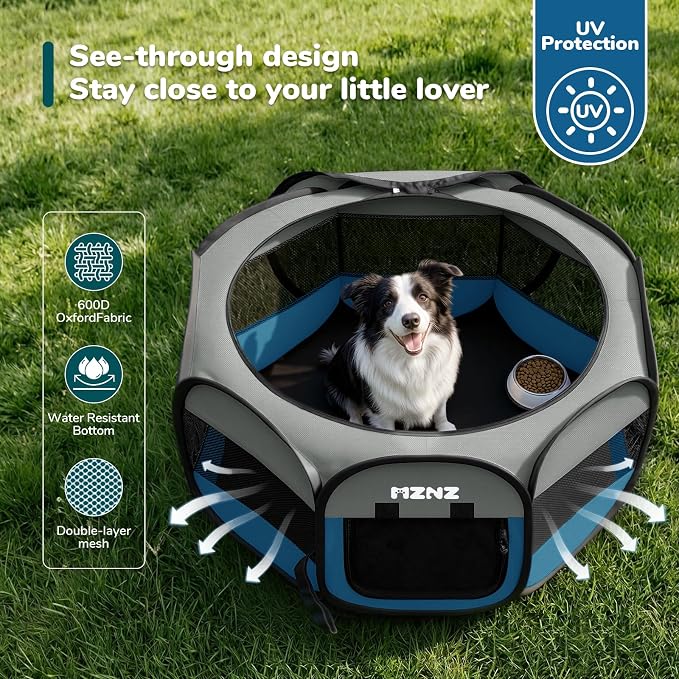 Dog Playpen, Portable Puppy Pet Crate Indoors for Small/Medium/Large Dogs Cats Rabbits, Foldable Dog Cage Enclosure for Outdoor, Pop Up Dogs Tent Kennel with Carrying Case, Grey Blue
