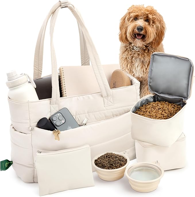 rubyloo Puffer Dog Travel Bag with Bowls & Food Storage, Beige