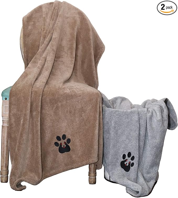 Dogvingpk Extra Large Dog Towel 2 Pack, Super Absorbent Soft Quick Drying Microfiber Pet Bath Towels for Large & Medium Dogs (XL-55" * 36", Grey and Brown)