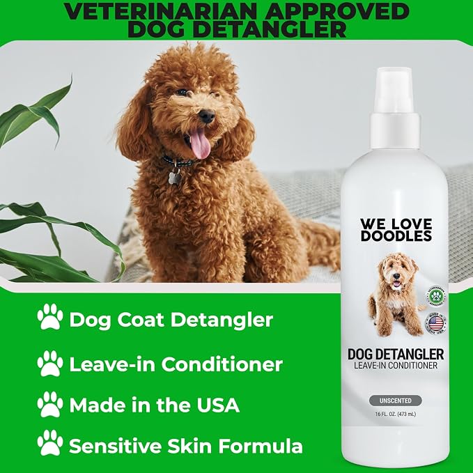 Dog Detangler Spray, Leave-in Conditioner Spray for Dogs, Unscented, 16 oz | Best Detangling & Dematting Spray for Dogs, Tangled & Matted Hair Remover for Goldendoodles, Doodles & Poodles, Made in USA
