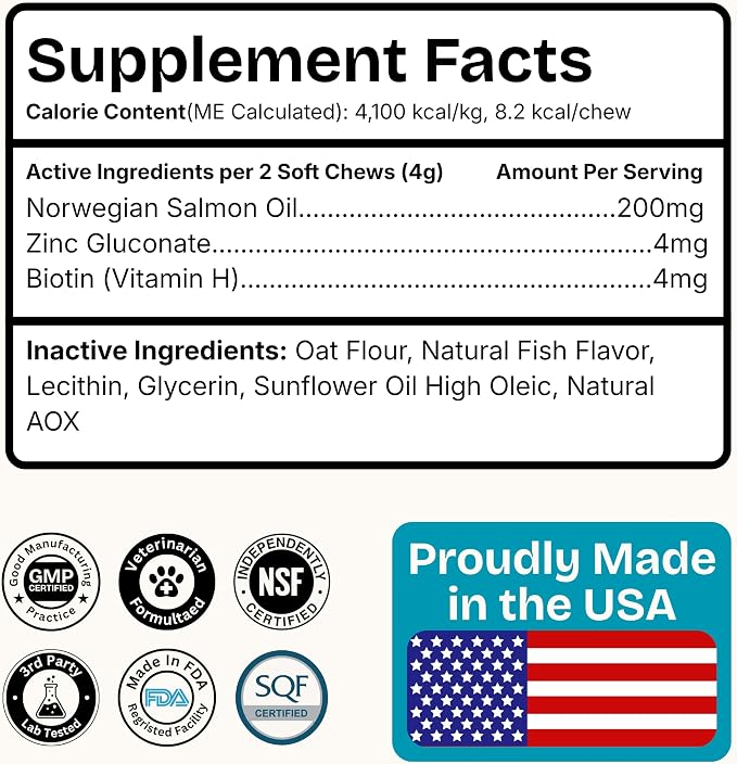 Skin & Coat + Salmon Oil Supplement for Dogs – Norwegian Salmon Oil with Omega 3, Biotin & Zinc per Serving – Supports Healthy Skin & a Soft, Shiny Coat – 120 Soft Chews