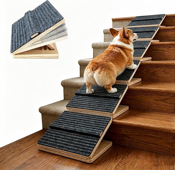 6 Pack Dog Ramp for Stairs – Solid Wood Adjustable & Foldable, 4 Heights, Non-Slip Silicone Base, Traction Felt, Raised Pause Strip, 35lb for Small & Senior Dogs