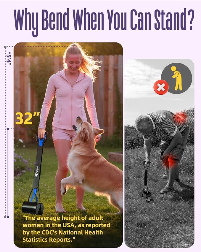 32 Inch Dog Pooper Scooper Long Handle for Large Dogs for Yard 2-Pack - No Bending Great on The Back, Ease of Pick Up, Convenient, Heavy Duty, Grass Friendly, Plastic