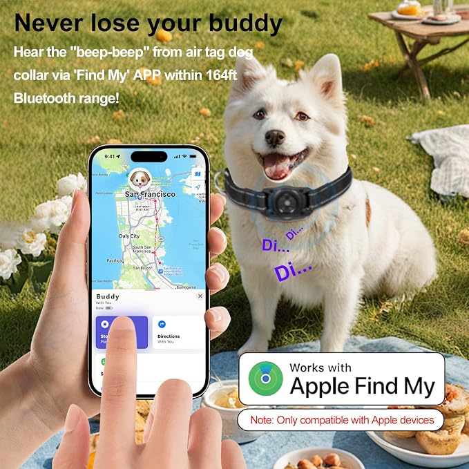 Air Tags Dog Collar, Waterproof Pet Collar with Air-Tag Chip for Apple Find My (iOS only) (Black, L)