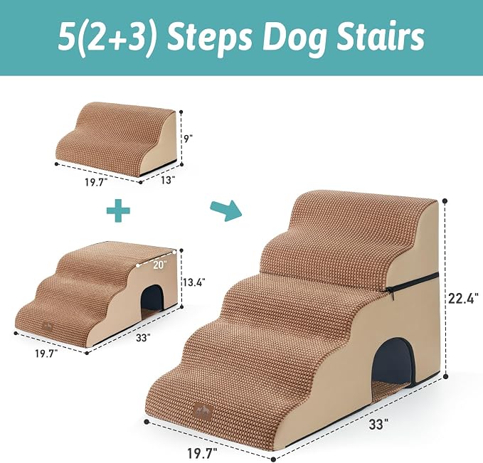 COZY KISS Small Dog Stairs with Tunnel, 5 Step Pet Ramp for High Bed | Curved Stable Dog Step for Puppy, Older Cat, Senior, Medium, Short-Legged Dog, Non-Slip Ladder for Car, 22.4" H, Light Brown