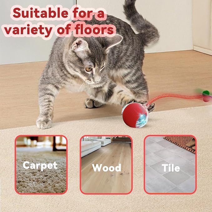 Speedy 2.0 Tail 2 Packs Interactive Cat Toys for Indoor Cats, Automatic Cat Toy with Elastic Mesh Tail, Electric Rolling Ball on Carpet, Chirping and Motion Activate Cat