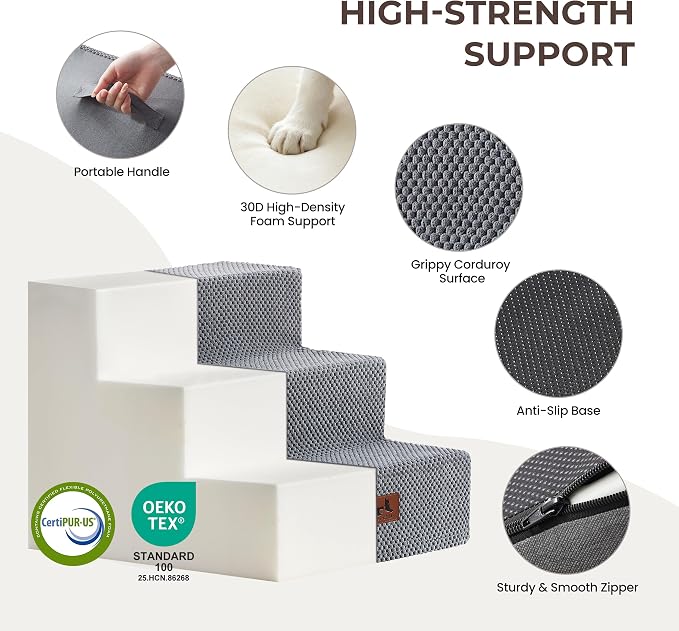 Dog Stairs for Small Dogs, 3-Step 13.5" H Ramp for Couch and Bed, Non-Slip Foam Pet Stairs for Indoor Living Room Bedroom Side, Grey