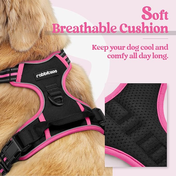 rabbitgoo Dog Harness, No Pull for Large Dogs with 2 Leash Clips, Pet Vest | No Choke with Handle, Adjustable Soft Padded, Reflective, Easy Control for Walking, Black & Hot Pink, X-Large