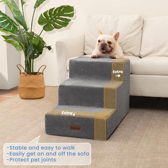Aodisman Dog Stairs for Small Dogs & Cats,3-Step Extra Wide Non-Slip Pet Steps for Couch Sofa and Chair,Grey,15.7" H
