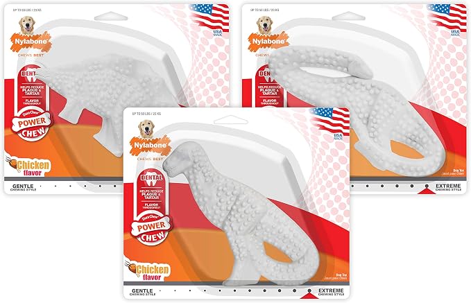 Nylabone Power Chew Dental Dinosaur Dog Chew Toy, Chicken Flavor, Large | Large breeds, durable dog toys for aggressive chewers, long lasting, discourages destructive chewing, for dogs up to 50 lbs