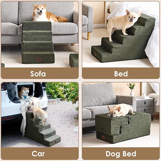 EHEYCIGA Dog Stairs for High Bed 22.5" H, 5-Step Dog Steps for Bed, Pet Steps for Small Dogs and Cats, Non-Slip Balanced Pet Ramp Indoor, Military Green