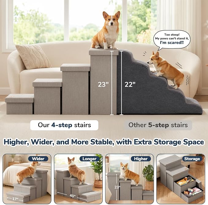 4-Step Wide Dog Stairs with Storage 23" H, Non-Slip Sturdy Pet Steps for High Bed Couch Window, Pet Stairs for Small/Medium/Large Old Dogs Cats Up to 220lbs, Cat Dog Steps for Car/SUV, Grey