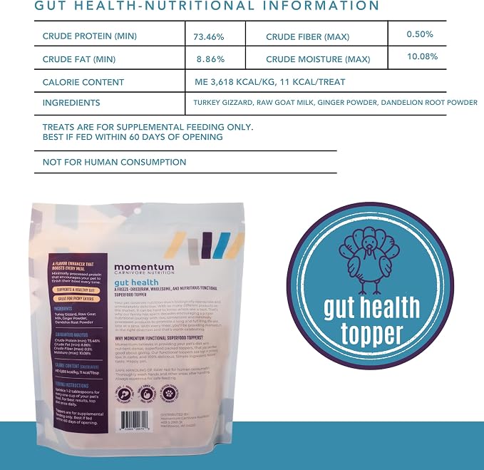 Momentum Carnivore Nutrition Freeze-Dried Gut Health Topper for Dogs & Cats – Turkey Gizzard, Raw Goat Milk, Ginger & Dandelion Root – 3 oz Bag