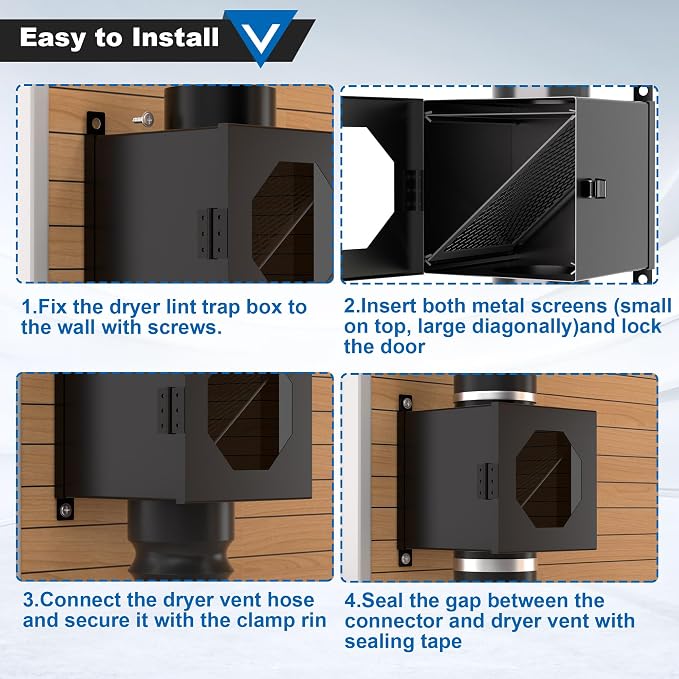 Dryer Duct Lint Trap, Metal Dryer Lint Trap Indoor Dryer Vent Kit Lint Catcher Collector Box with 4" Flexible Exhaust Hose Stainless Steel Clamps Aluminum Foil Tape Cleaning Brush 2 Filter Screens