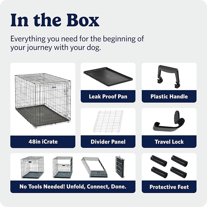 MidWest Homes for Pets 48-Inch iCrate for Extra-Large Breeds, 90-110 lbs, Single Door Folding Dog Crate with Divider Panel, Leak-Proof Tray & Secure Latches, Portable, Durable & Easy to Assemble