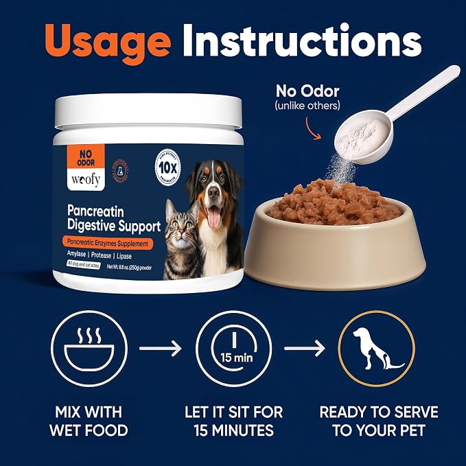Woofy Pancreatin Digestive Support | Pancreatic Digestive Enzymes | 10x Pancreatin | No Odor | Pancreatin for Dogs and Cats | Pancreatic Enzyme | Great for Pets with EPI | 250 Grams