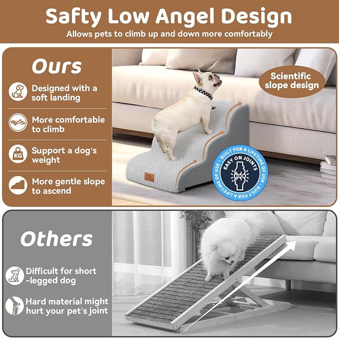 Zerbuger Dog Ramp and Stair for Bed 16" H-20 H,3-Step Cat Stair for Sofa and Chair,4-Step Dog Ramp for High Bed and Window,Durable Nonslip Fabric Cover for Indoor (Light Grey-16 H, Pet Friendly, 3)