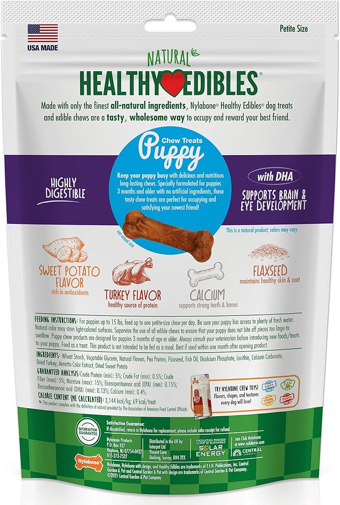 Nylabone Healthy Edibles Natural Puppy Chews Long Lasting Treats for Puppies,Turkey & Sweet Potato Flavor,X-Small/Petite,16 Count (Pack of 2)