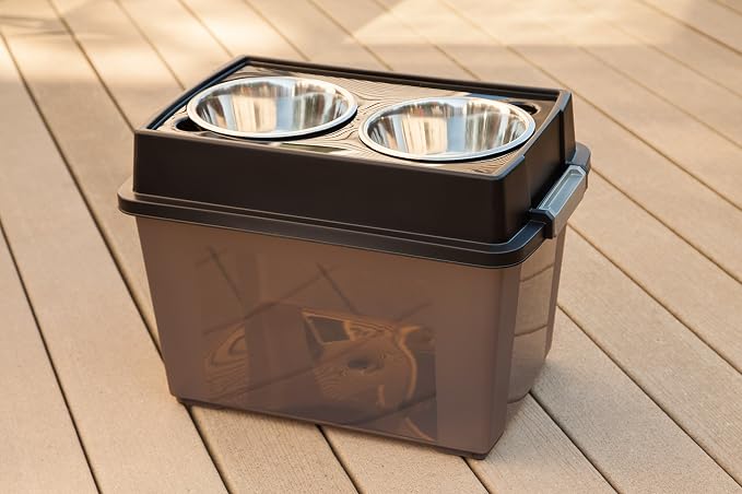 IRIS USA Dog Bowls Elevated with Storage, 15" H Raised Feeding Station, Dog Bowl Stand with Airtight Food Storage Holds 47 lbs, 2 Removable 64 oz Stainless Steel Bowls for Large Dogs, Smoke/Black