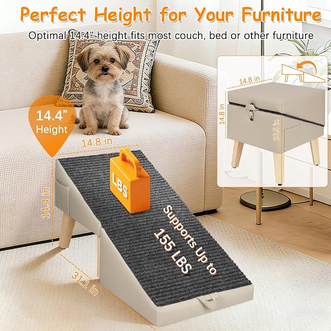 2-in-1 Foldable Dog Ramp for Couch and Bed, 14.4" H Dog Ramps for Small Dogs and Cats, Wooden Pet Stairs with Non-Slip Mat & Side Pockets, Split Ottoman Pet Ramp Steps for Medium Dogs, Puppy