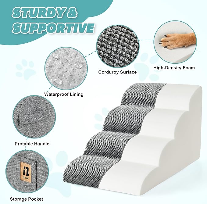IFNOW Dog Stairs for Small Medium Dogs and Cats 19.7" H, 5-Step Studry Dog Steps for Bed, Couch, High Density Foam Pet Stairs for Dogs to Get on Bed, Non-Slip Balanced Curved Indoor Pet Ramp, Grey