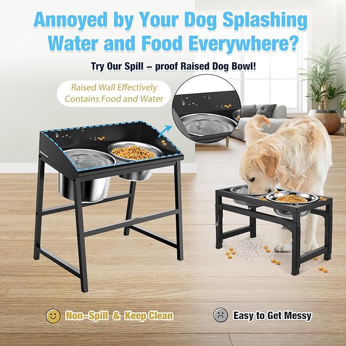 Elevated Dog Bowls Large Breed, 15" Tall No Spill Tilted Water Bowl for Dogs with Stand, Full Metal & Stainless Steel Raised Dog Bowl Design for Indoor and Outdoor Use