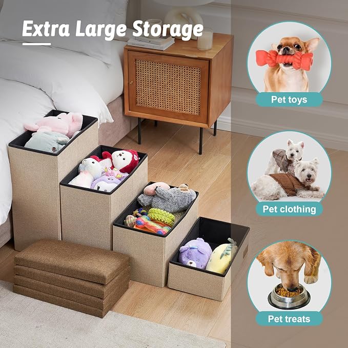 Dog Stairs with Storage, 4-Step Wider Sturdy Dog Steps for Small/Medium/Large Dogs and Older Cats, Folding Doggie Ramp for Bed/Couch/Car Hold Up to 180 lbs (22" H, Yellow)
