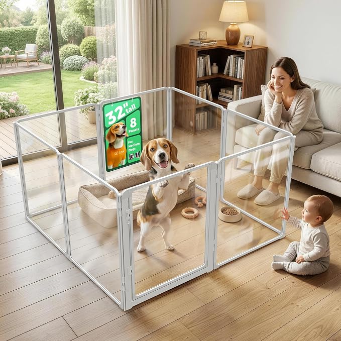 FXW AuraSpace Pro Acrylic Indoor Dog Playpen, Heavy-Duty with Metal Frame, 32" Height 8 Panels for Small and Medium Dogs, White│Patented