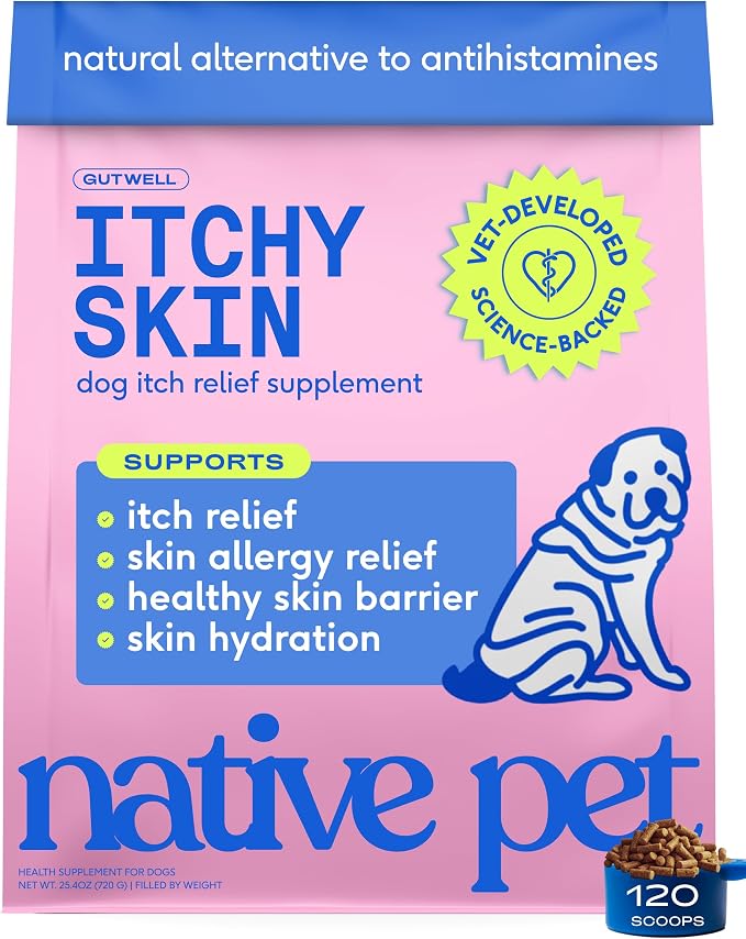 Native Pet Itchy Skin - Dog Itching Skin Relief - Vet-Formulated Gut-Skin Support, Seasonal Allergies, Healthy Skin Barrier - 120 Scoops