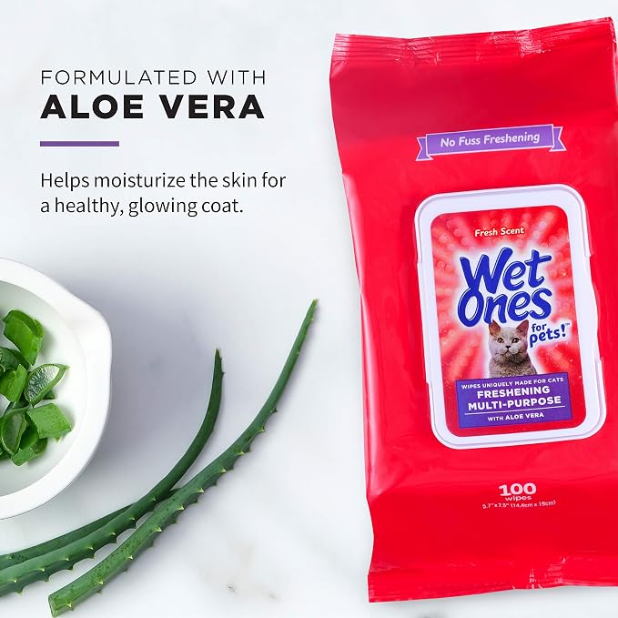 Wet Ones for Pets Freshening Cat Grooming Wipes with Aloe Vera, 100 Count