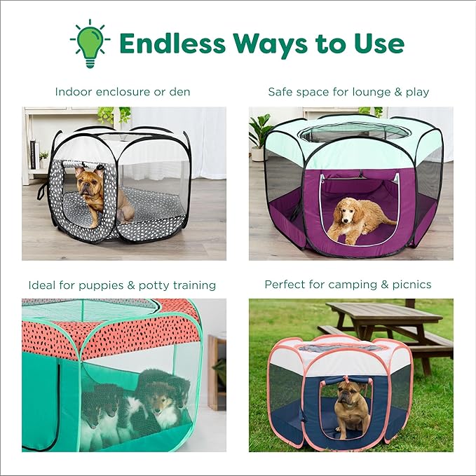Furhaven Portable Dog Playpen Cat Tent, Pet Playground,Kennel Foldable Indoor Outdoor Zippered Puppy Crate - Green & Pink, Small