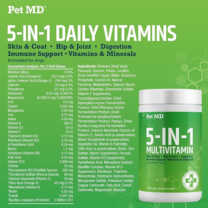Pet MD 5-in-1 Dog Multivitamin - 30 Key Nutrients for Wellness - 120ct | For Hip & Joint Health, Immune Function, Healthy Skin & Shiny Coat, and Digestive Support - Senior Dog & Puppy Vitamins