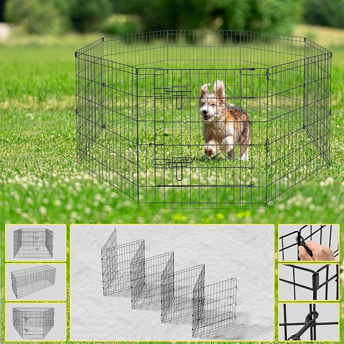 Artmalle Dog Playpen 30 Inch, Foldable Metal Puppy Exercise Pen with Door, 8 Panels Indoor Outdoor Pet Fence, Portable Dog Pen for Small Dogs, Cats, Rabbits, Ducks, Black
