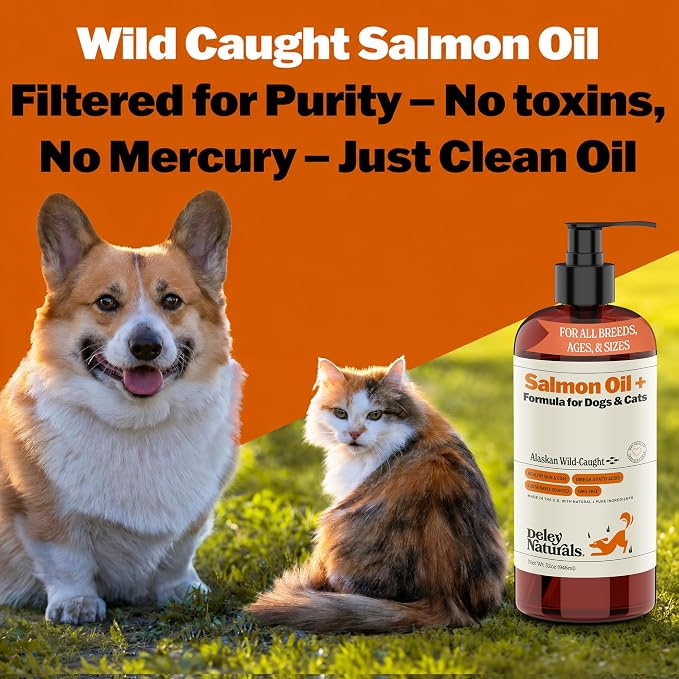 Deley Naturals Wild Alaskan Salmon Oil for Dogs & Cats - New and Improved Salmon Oil Plus Formula - Fish Oil for Dogs with Omega 3, DHA and EPA - Omega 3 for Healthy Skin and Coat - 32oz Made in USA