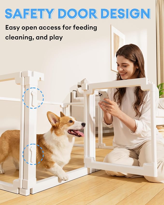 Clear Acrylic Dog Playpen Indoor,Tool-Free Assembly & Easy Clean,24 in Puppy Playpen with Door for Small Dogs/Cats/Rabbits/Pigs/Ferret,Indoor and Outdoor Use,6 Panels(White