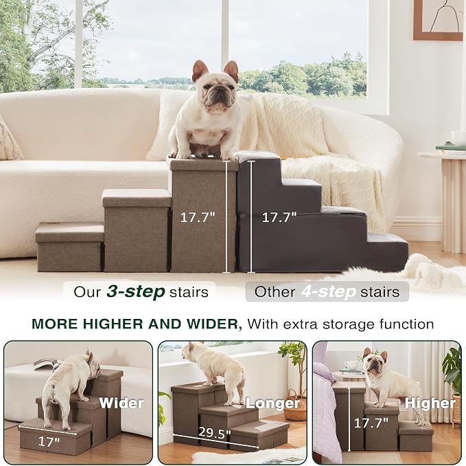 Love's cabin Dog Stairs for High Bed 18" H, Foldable Pet Stairs for Small Medium or Large Dogs Puppy with Storage for Bed or Couch, Cat Dog Steps Ramp with Zip up to 200 lbs, Light Brown, 3 Steps