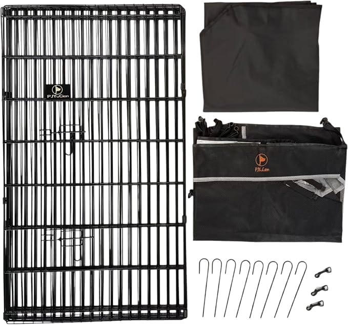 PJYuCien Octagonal Dog Playpen with Top Cover and Bottom Pad - Metal Foldable Exercise Pen, 8 Panels 42" H x 24" W Indoor Outdoor Pet Fence Puppy Crate Kennel, Black