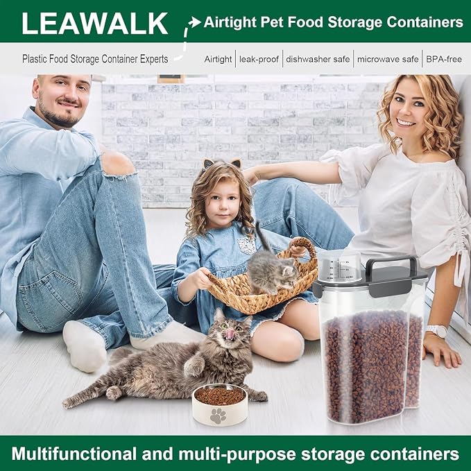 LEAWALK 5Lbs /6Qt/5l Airtight Cat Dog Food Storage With Upgraded Large Nozzle BPA-Free, 2-Pack, 5Lbs, Dark Gray