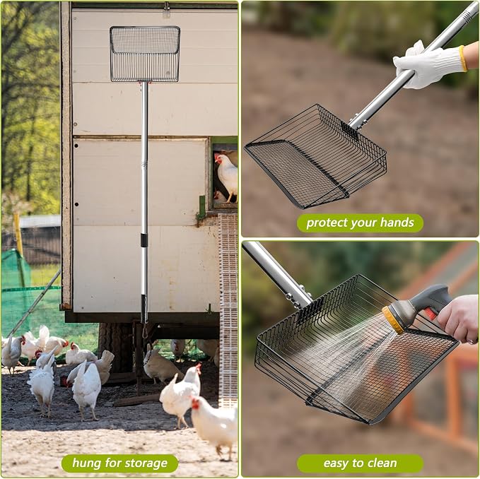 Windspeed 3 in 1 Metal Chicken Poop Scooper 10'' Wide, 61'' Long Adjustable Chicken Coop Pooper Scoop Sifting Shovel Litter for Poultry Litter Scooper Supplies (34-61 in)