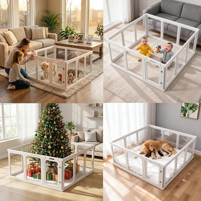 12Pcs Clear Acrylic Plastic Dog Playpen, 23.6“ H Lightweight & Easy Assemble Playpen Divider, Durable Safety Play Pen Indoors, Puppy, Cat, Small Animal(White)