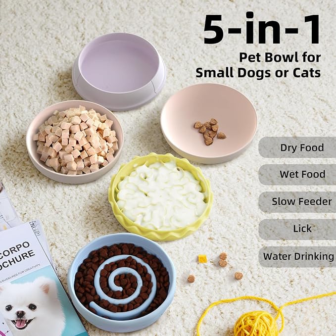 5-in-1 Dog Bowls Set, 6.1 inch Cute Colorful Hamburger-Shaped Dog Food Bowl Stackable for Easy Storage and Travel, Cat Bowls for Food and Water, Pet Bowls Suitable for Small and Medium Dogs (Pink