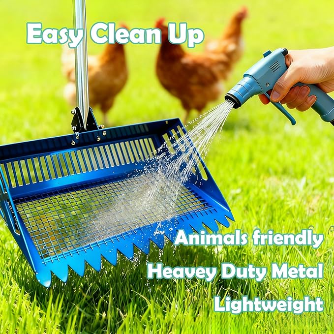 Chicken Poop Scooper & Rake 2-in-1, 15" Extra Large Stainless Steel Litter Scoop, 21"-76" Adjustable Handle, Chicken Coop Cleaner for Sand, Pet Waste & Litter Sifting