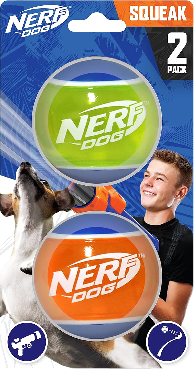 Nerf Dog Rubber Tennis Ball Squeak Toy, Durable, Water-Resistant, 2.5in, 2 Pack