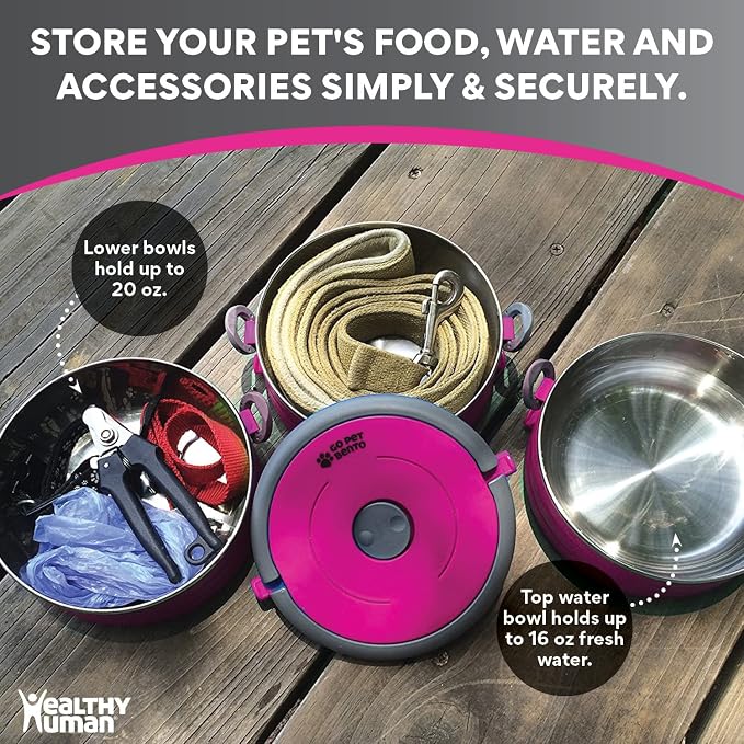 Healthy Human Travel Pet Bento Bowls, 3 Pack, Pink
