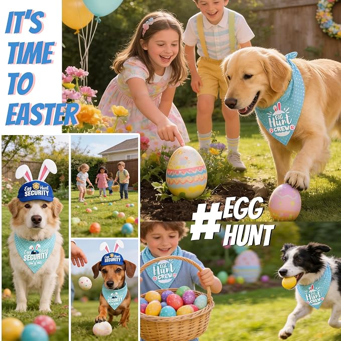 Easter 2-in-1 Dog Bandanas with Cute Egg Hunt Crew & Security Roles for Easter, Large, Medium, Green