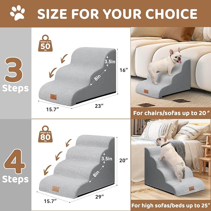 Zerbuger Dog Ramp and Stair for Bed 16" H-20 H,3-Step Cat Stair for Sofa and Chair,4-Step Dog Ramp for High Bed and Window,Durable Nonslip Fabric Cover for Indoor (Light Grey-16 H, Pet Friendly, 3)